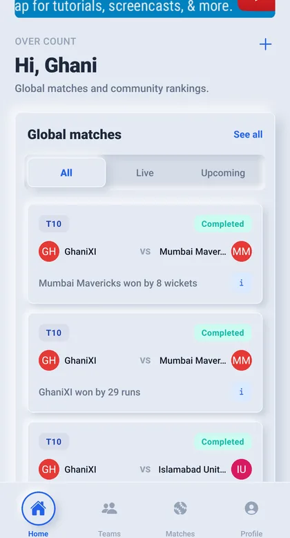 Over Count home screen showing global matches